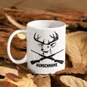 Personalisierte Jäger Tasse 330 ml mit Namen – Hirsch- und Waffenmotiv – Für Jagdfans - Jäger Tasse