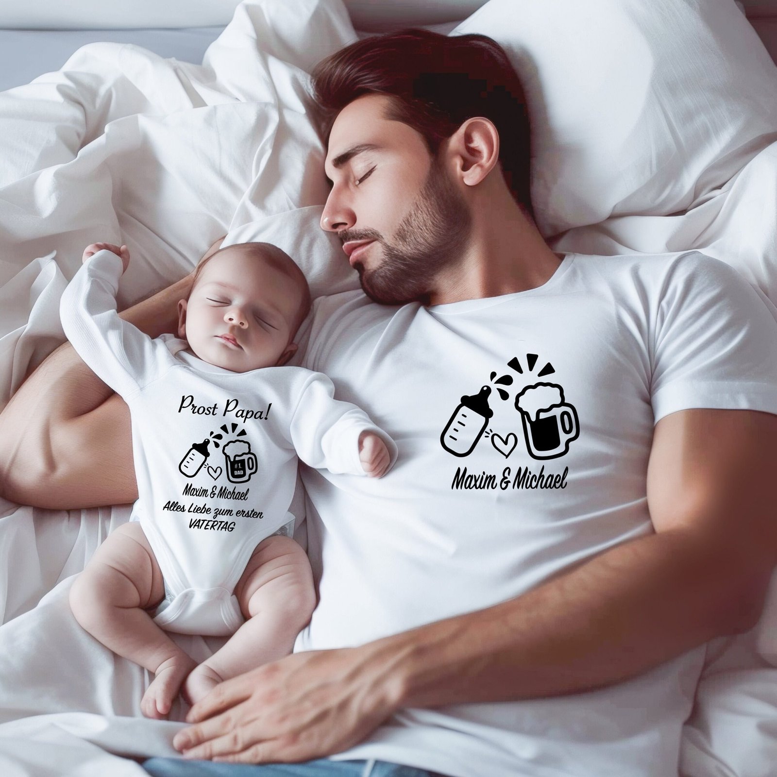 Weißes personalisiertes T-Shirt für Papa und Baby – Vatertags-Outfit I Familienoutfit I Vatertag Papa Mini I Vatertag Geschenk I