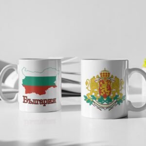 Weiße Tasse mit Bulgarien Flagge und Landeswappen, 330ml. Weiße Keramiktasse 330ml mit Bulgarischer Flagge und Wappen.