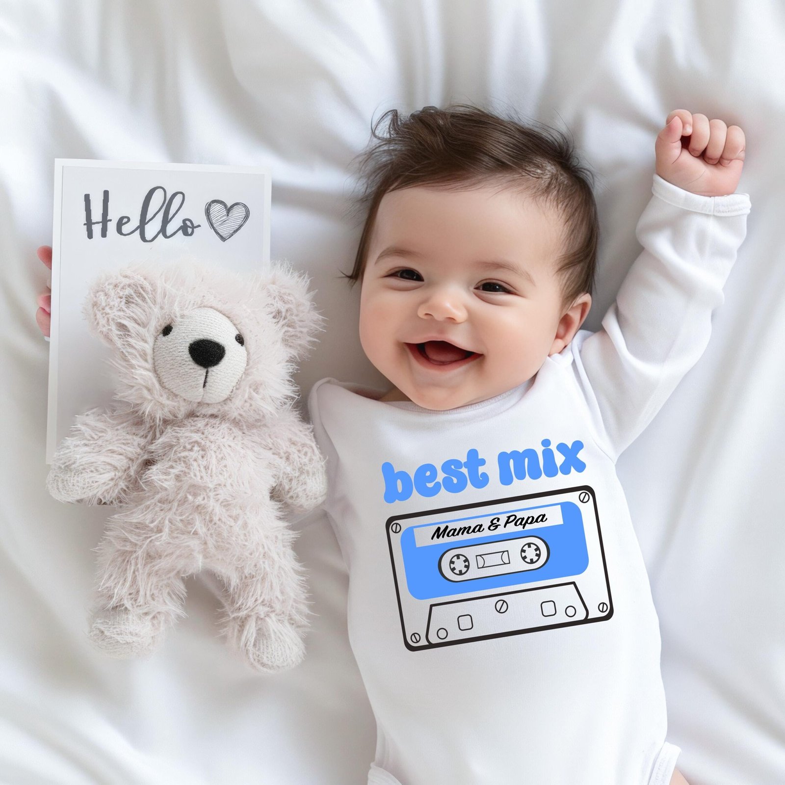 Baby Body Best Mix – Retro Kassette Mama & Papa – Blau oder Pink – Geschenk zur Geburt und Babyshower